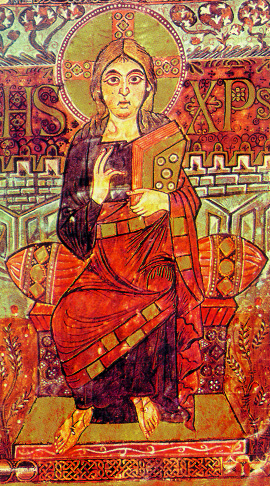 Благославляющий Христос. Миниатюра Евангелия, Годескалька, придворный скрипторий в Ахене, 781-783 гг. 