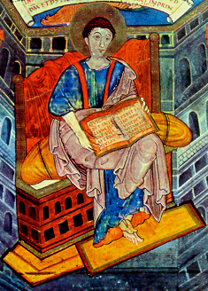 Евангелист Иоанн. Миниатюра Евангелия из монастыря Св. Медарда в Суассоне, изготовлено для Карла Великого, начало IX в.