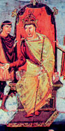 Поднесение рукописи Карлу Лысому. Миниатюра Библии Вивиена, изготовлена в Труском скриптории, 845-846 г. 