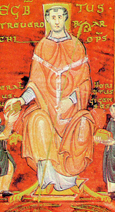 Епископ Эгберт и монахи из Рейхенау. Миниатюра кодекса Эгберта, ок. 985 г. 